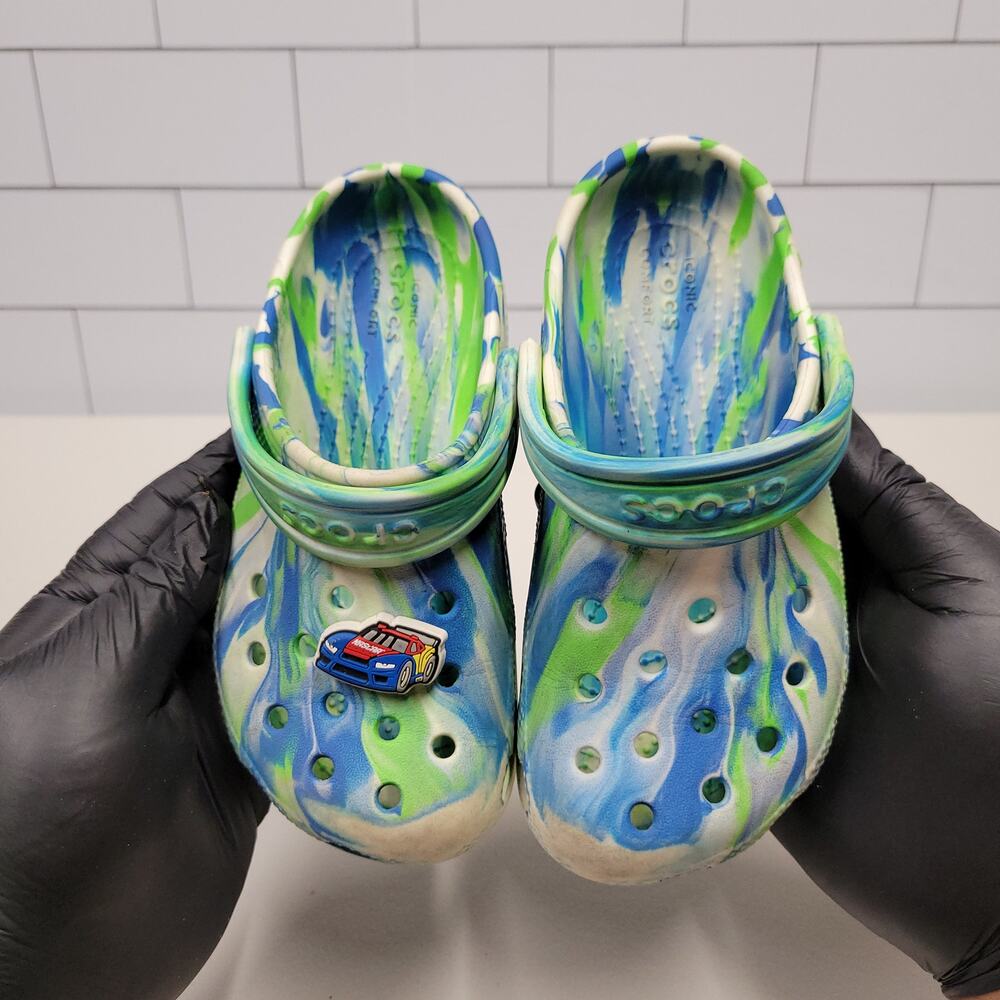 Crocs Classic Clogs Kids Size C11 Blue Green White Swirl Tie Dye Jibbitz